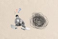 Image 3d zine full collage of overwhelmed guy sit question mark contemplation idea finding scribble doodle decision Royalty Free Stock Photo