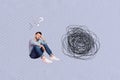 Image 3d zine full collage of overwhelmed guy sit question mark contemplation idea finding scribble doodle decision Royalty Free Stock Photo
