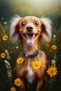 Image of dachshund in field of daisies with its mouth open. Generative AI