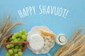 image of dairy products and fruits. Symbols of jewish holiday - Shavuot