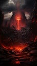 an image of a dark and fiery landscape with lava and rocks