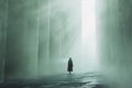 The image is a dark and mysterious 3D rendering of a figure walking through a narrow corridor.