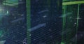 Image of data processing and arrows over green lights of computer servers