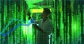 Image of data processing and binary coding over asian technician and computer servers