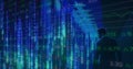 Image of data processing and binary coding over caucasian businessman and computer servers Royalty Free Stock Photo