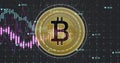 Image of data processing and bitcoin symbol over black background Royalty Free Stock Photo