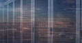 Image of data processing and cityscape over server room Royalty Free Stock Photo