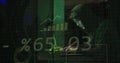 Image of data processing and diagrams over asian male hacker in server room
