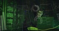 Image of data processing and diagrams over asian male hacker in server room