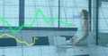 Image of data processing and diagrams over caucasian businesswoman thinking