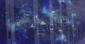 Image of data processing and globe with icons over server room Royalty Free Stock Photo