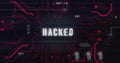 Image of data processing with hacked text and computer circuit board on black background