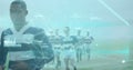 Image of data processing, images rolling over multi-ethnic rugby team running off a pitch digital co