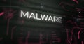 Image of data processing with malware text and computer circuit board on black background