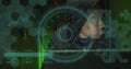 Image of data processing over african american male hacker in server room