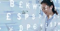 Image of data processing over asian businesswoman using laptop in office