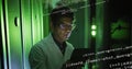 Image of data processing over asian man checking servers Royalty Free Stock Photo