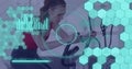 Image of data processing over caucasian woman exercising, using stationary bike Royalty Free Stock Photo