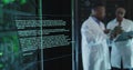 Image of data processing over diverse scientists wearing lab coats using tablet