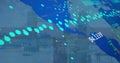 Image of data processing over world map against aerial view of london bridge