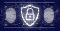 Image of data processing and padlock over shapes and fingerprints Royalty Free Stock Photo