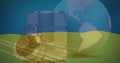 Image of data processing, safe and globe over flag of ukraine