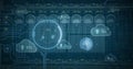 Image of data processing and scope scanning with clouds over server room Royalty Free Stock Photo