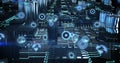 Image of data processing with scope scanning over computer circuit board on black background Royalty Free Stock Photo