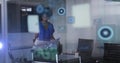 Image of data processing and scopes over african american businesswoman in office