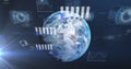 Image of data processing and statistics over globe on blue background Royalty Free Stock Photo