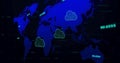 Image of data processing and world map over digital clouds