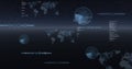 Image of data processing, world maps and statistics recording over universe
