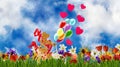 Image of decorative little man on a bicycle, balloons against the sky