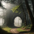 into the deep woods, atmospheric landscape with archway and ancient trees, misty and foggy mood made with Royalty Free Stock Photo