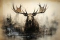Image of a deer moose in the pond in the forest with a scary atmosphere, Wildlife Animals., Generative AI, Illustration