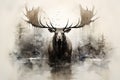 Image of a deer moose in the pond in the forest with a scary atmosphere, Wildlife Animals., Generative AI, Illustration