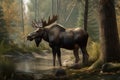 Image of deer moose standing in the middle of the forest on natural background. Wild Animals. illustration. Generative AI Royalty Free Stock Photo