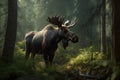 Image of deer moose standing in the middle of the forest on natural background. Wild Animals. illustration. Generative AI