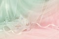 Image of delicate and elegant white venetian mask in front of tulle background. Royalty Free Stock Photo