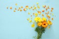 Image of delicate pastel orange and yellow beautiful flowers with petals arrangement over white wooden background. Flat lay, top v Royalty Free Stock Photo