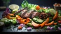 Image of a delicious and colorful plate of meat and vegetables on a table