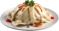 an image of Delicious-looking Pierogi food. Ai-generated.