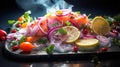 Image of a delicious plate of salmon with onions and lemons