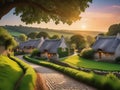Charming Village Amidst Rolling Hills and Lush Greenery for Website Background