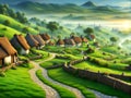 Charming Village Amidst Rolling Hills and Lush Greenery for Website Background