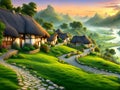 Charming Village Amidst Rolling Hills and Lush Greenery for Website Background