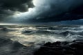 An image depicting dark, ominous clouds gathering over a stormy ocean, indicating the imminent arrival of a hurricane. Generative