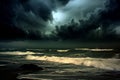 An image depicting dark, ominous clouds gathering over a stormy ocean, indicating the imminent arrival of a hurricane. Generative