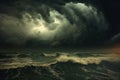 An image depicting dark, ominous clouds gathering over a stormy ocean, indicating the imminent arrival of a hurricane. Generative