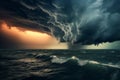 An image depicting dark, ominous clouds gathering over a stormy ocean, indicating the imminent arrival of a hurricane. Generative